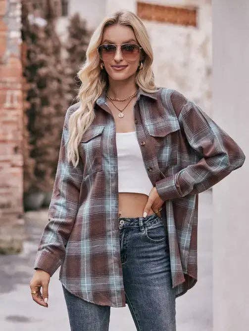 Women’s Caramel Plaid Oversized Flannel Button Down Shirt: Caramel / 100%Polyester / L