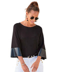 LASCANA Women's Dolman Sleeve Leather Trim Top: Black