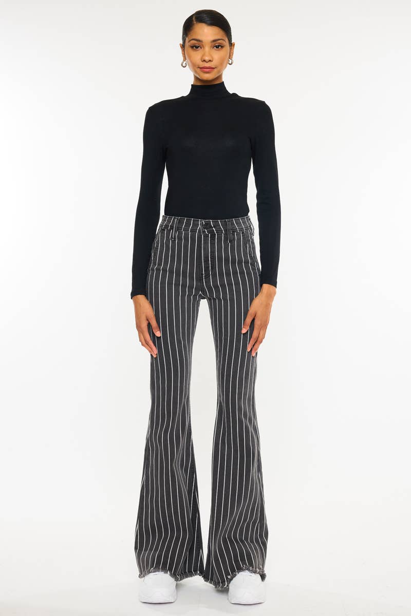 GREY STRIPE PANTS W/FRAYED HEM