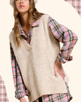 MCS3589-Oversized Soft Knit Sweater Vest with Side Slit: Earl Grey Cream