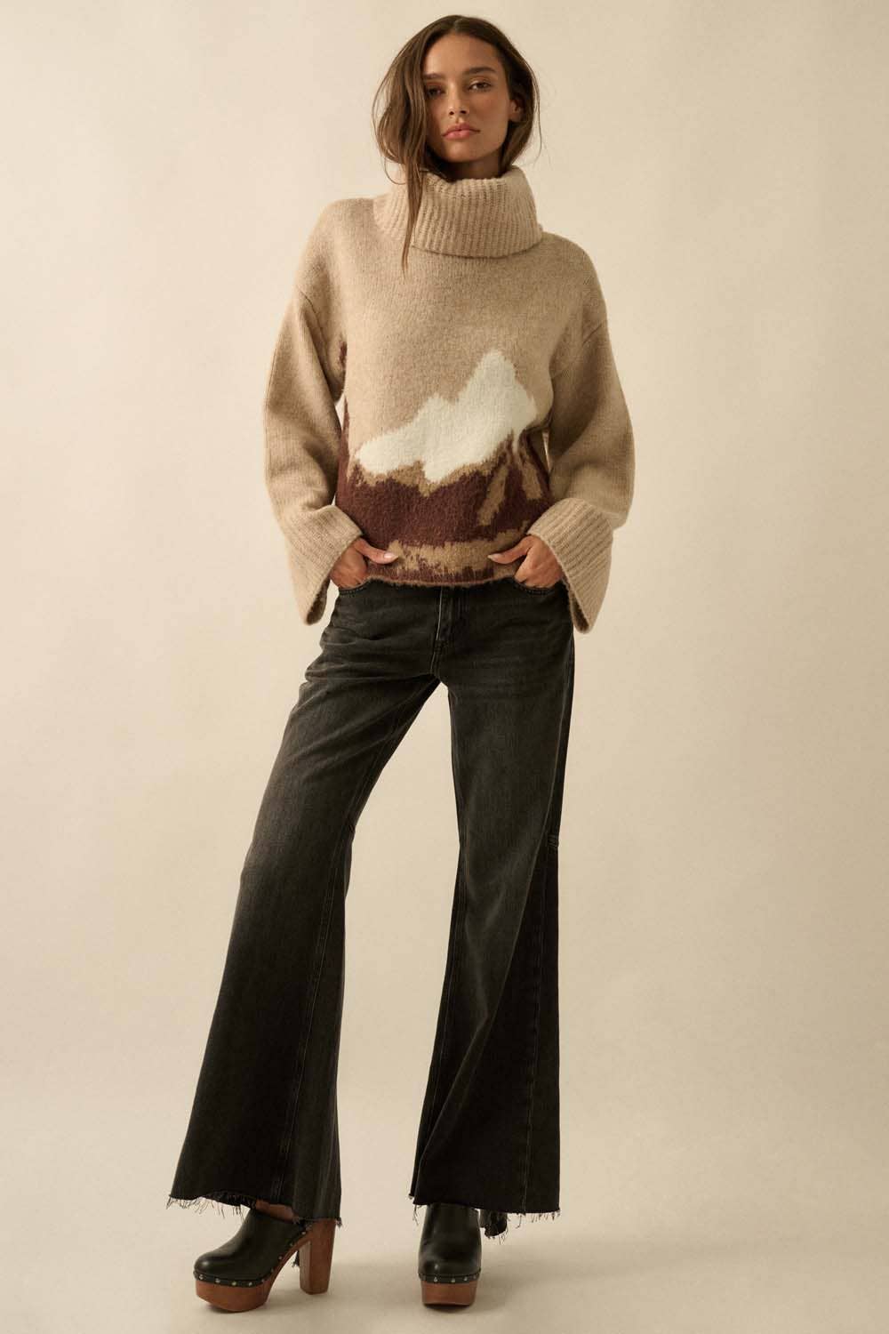 Mountains Fuzzy Jacquard-Knit Turtleneck Sweater: Heather Grey-Black