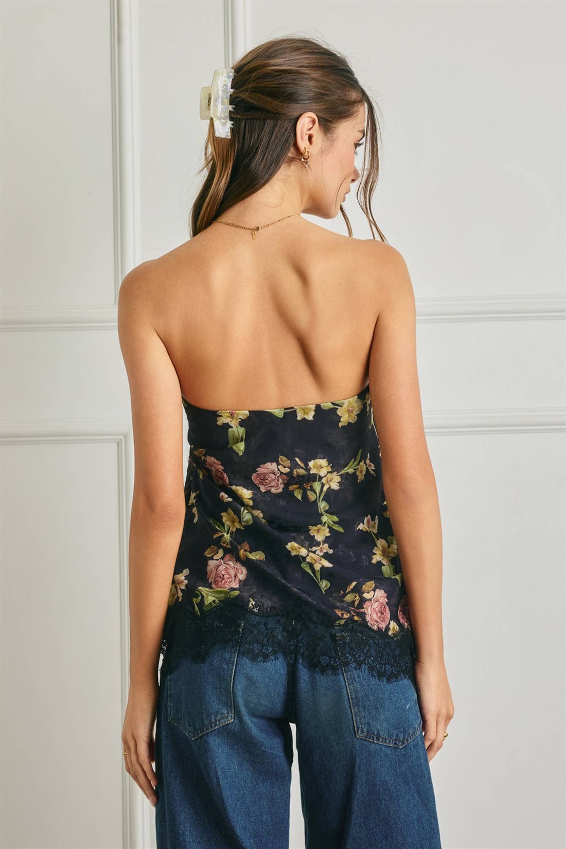 Floral Asymmetrical Lace Hem Tube Top: BLACK
