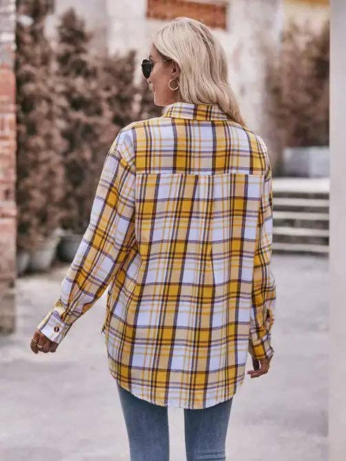 Women’s Caramel Plaid Oversized Flannel Button Down Shirt: Khaki / 100%Polyester / M