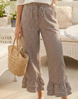 Gingham Casual Ruffled Hem 100%Cotton Cropped Pants VP83379A: Brown