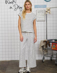 STRIPE DRAWSTRING WIDE LEG KNIT LOUNGE PANTS: NAVY