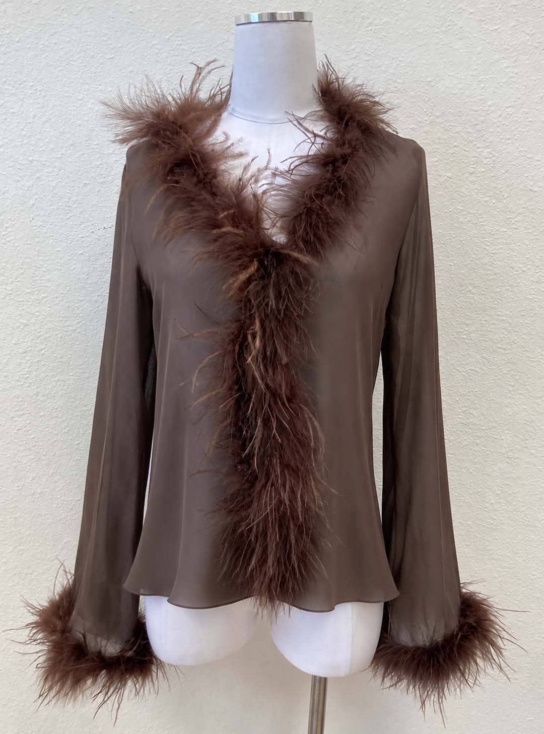 FEATHER TRIM LONG SLEEVE TOP