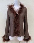 FEATHER TRIM LONG SLEEVE TOP