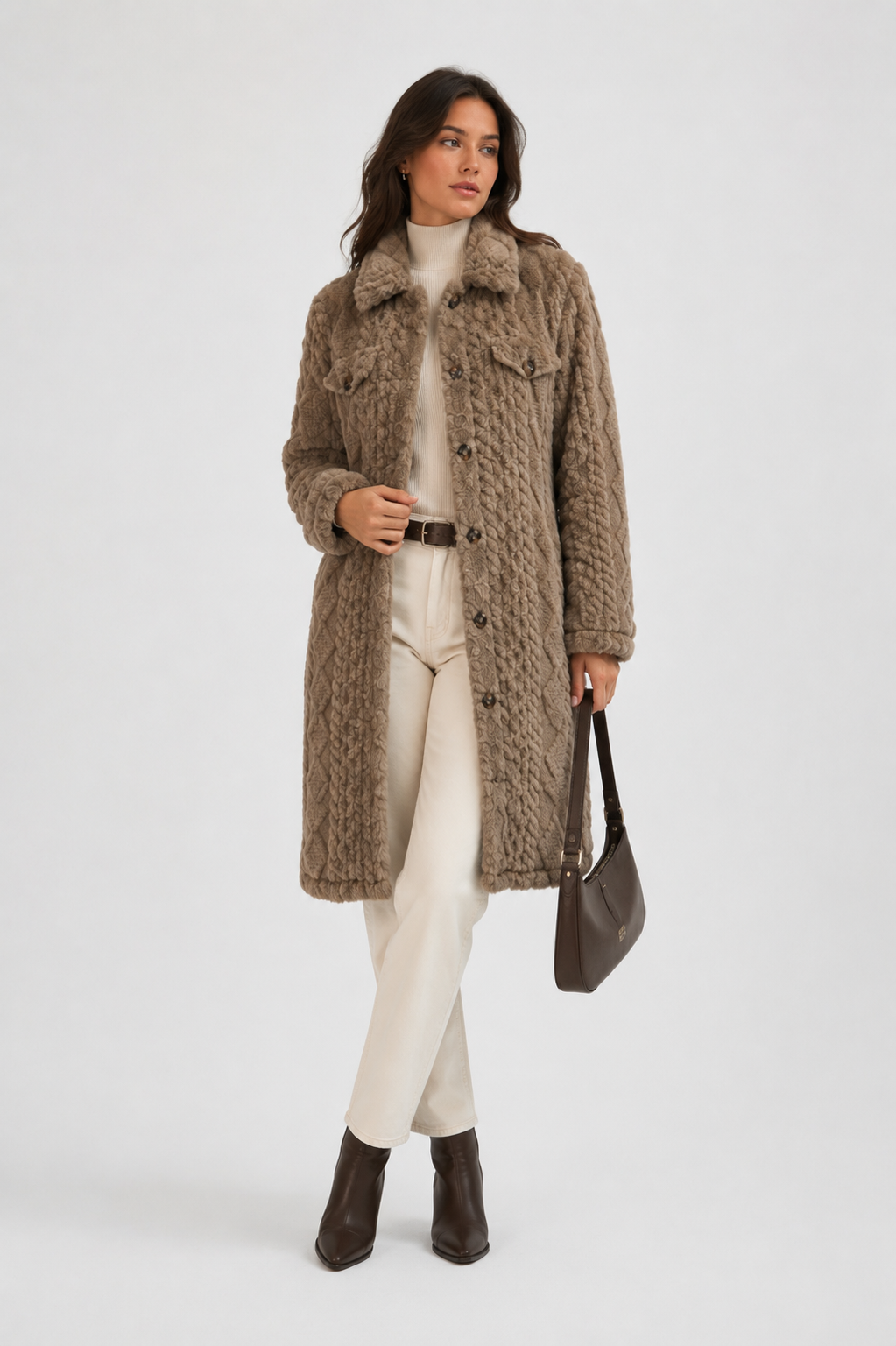 FJ0182: Quilted Sherpa Long Button Jacket: Coffee / S