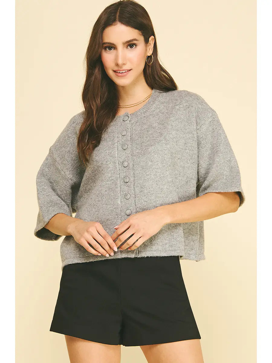 HEATHER GREY BUTTON DOWN SWEATER
