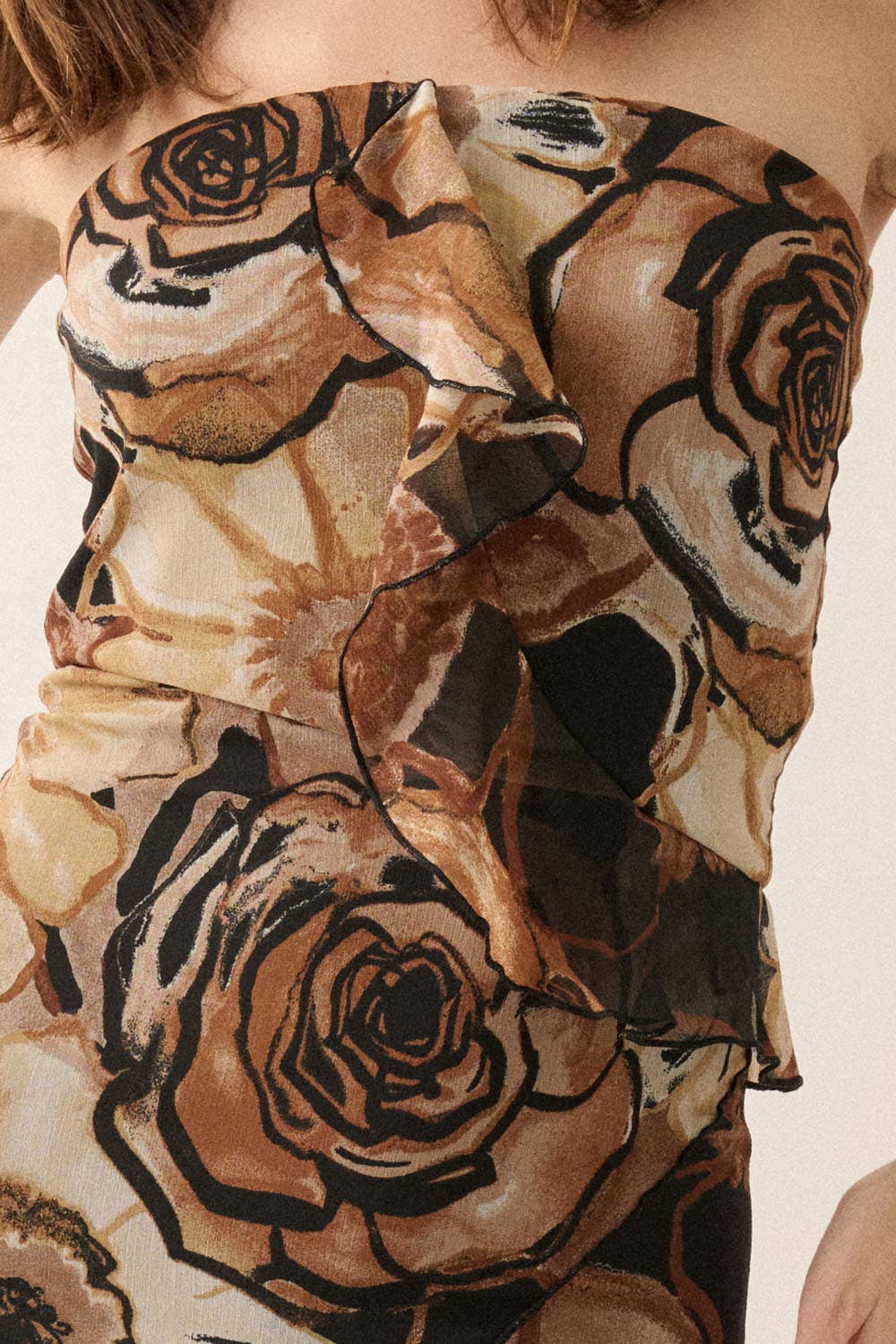 Floral Chiffon Strapless Ruffled Maxi Dress: BLACK – No Roots Boutique