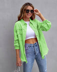 Hot Pink Distressed Denim Jacket Oversized Button Down: Khaki / 65% Cotton+35% Polyester / S