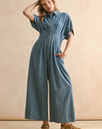 CHAMBRAY DENIM BUTTON DOWN JUMPSUIT: DENIM