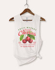 Sweet Cherries Fruit Graphic Women's Jersey Tank Top: BLACK / S