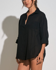 BLACK BUTTON-DOWN GRAPHIC COVER UP/SHIRT