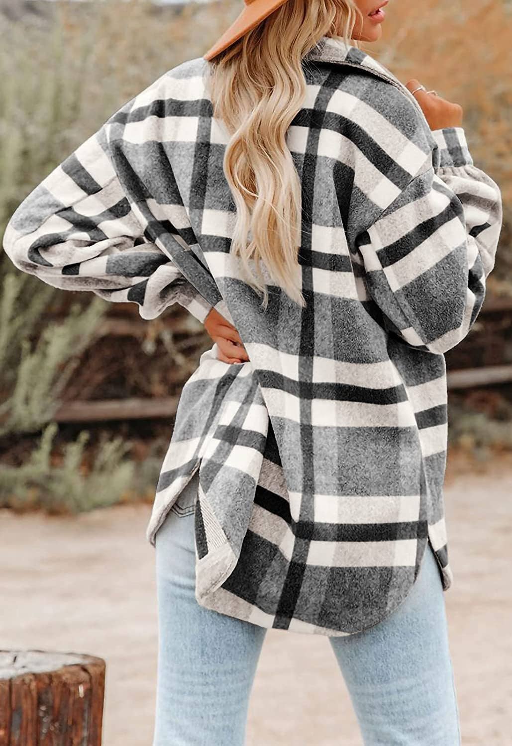 Women's Plaid Button Down Flannel Shirt Jacket – Cozy &amp; Stylish: Black and white grid / 100%Polyester / XL