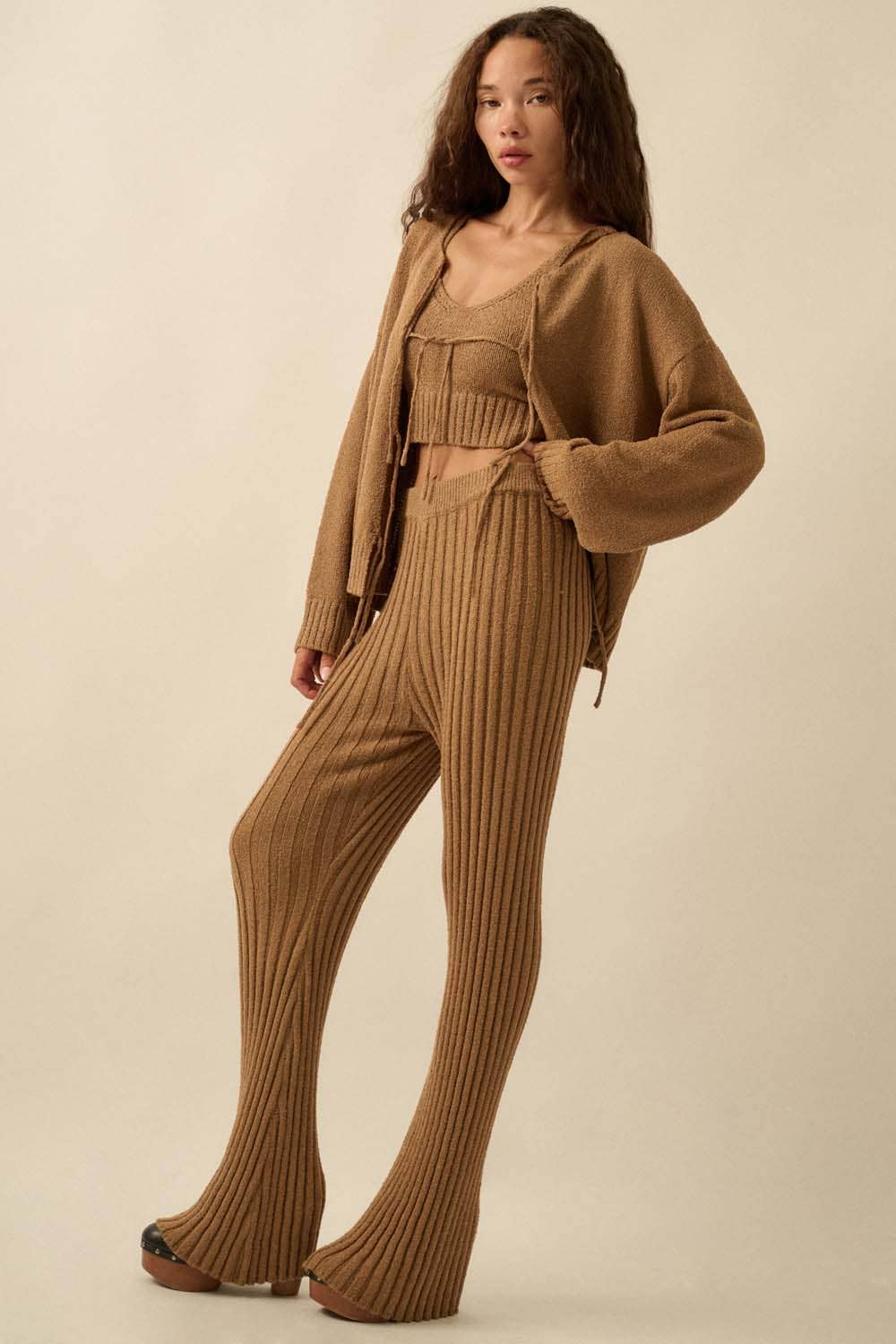 Textured Ribbed Knit Flare Sweater Pants: Taupe