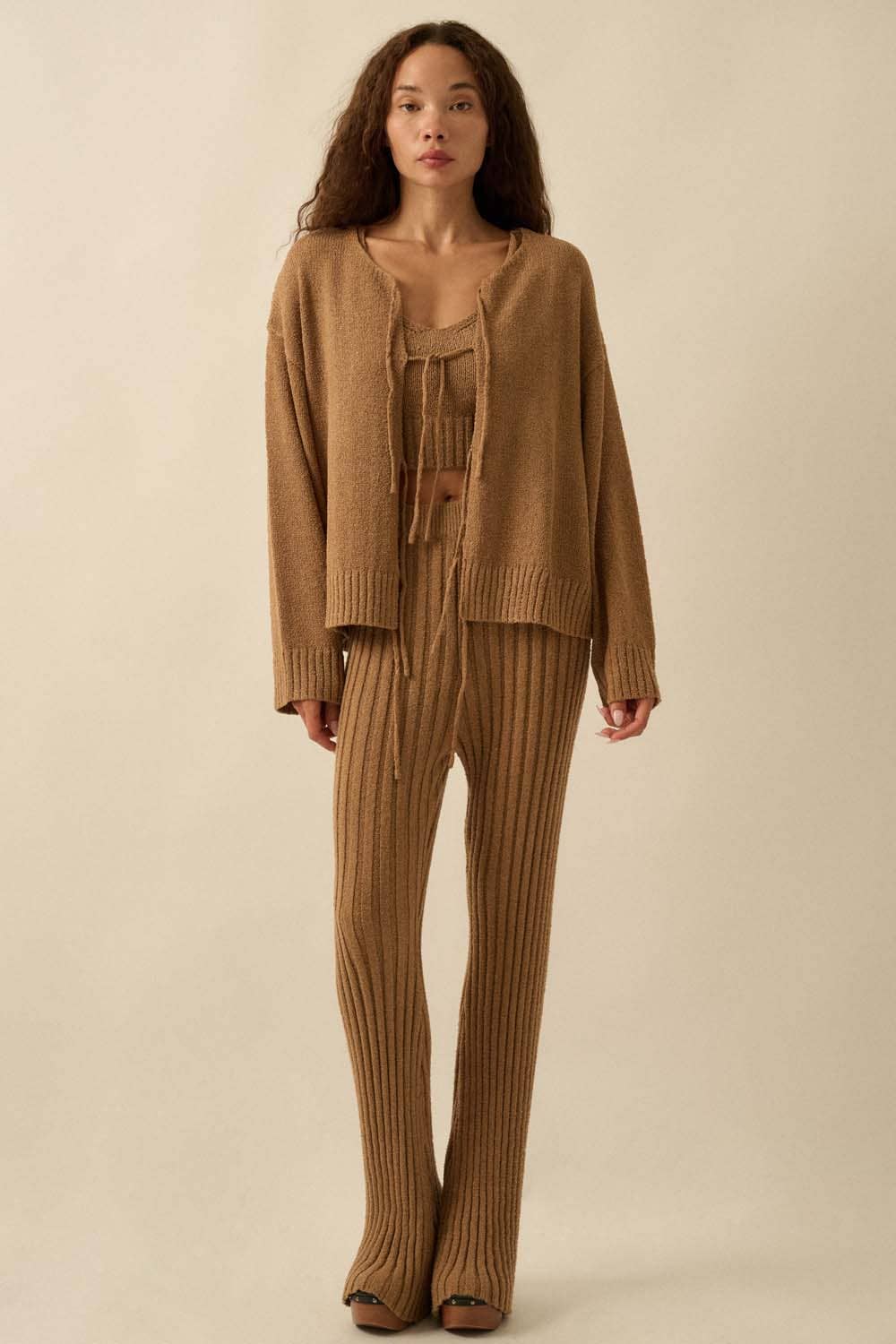 Textured Ribbed Knit Flare Sweater Pants: Taupe