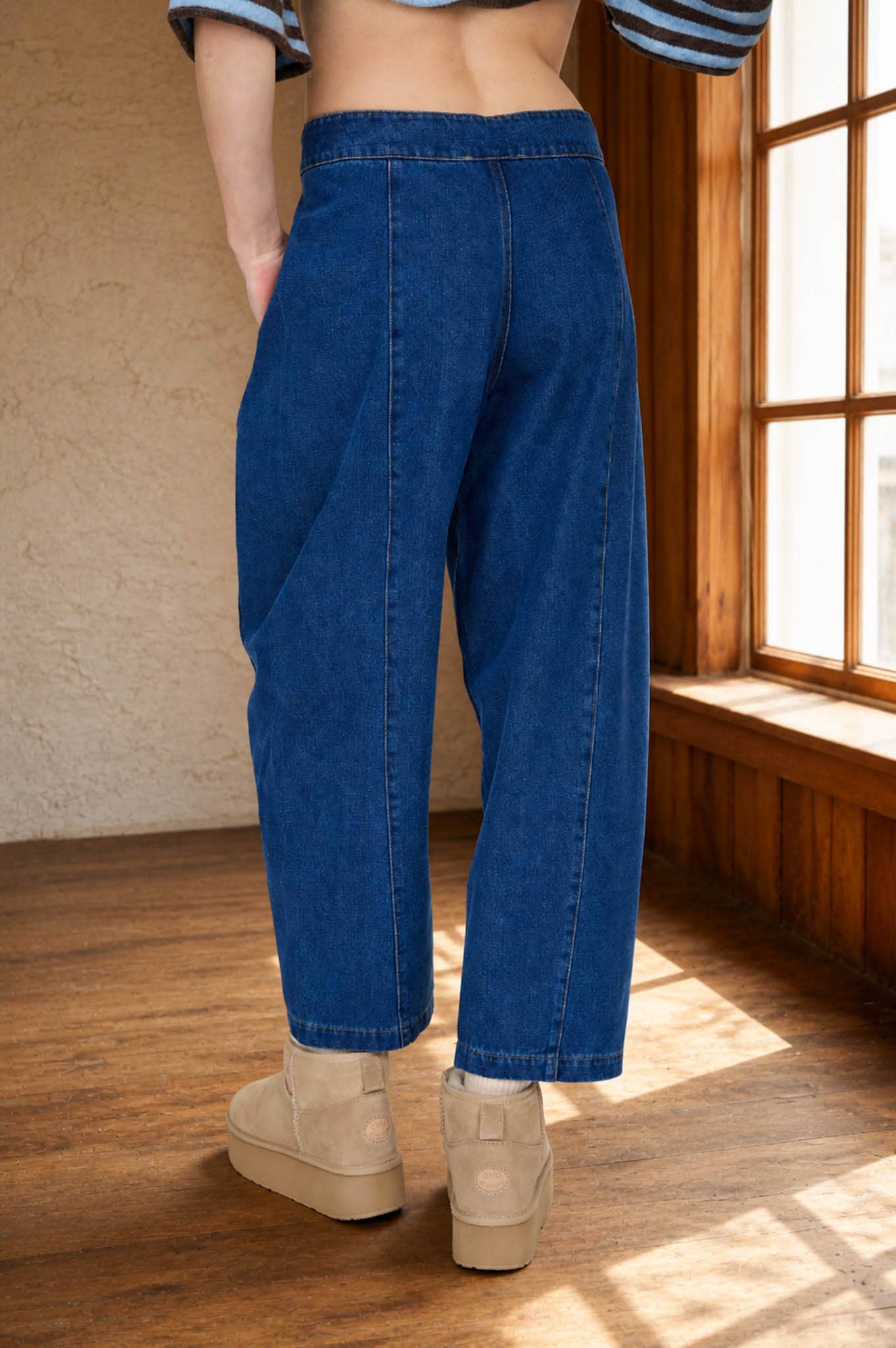 HIGH WAIST FRONT TIE WIDE LEG CROPPED PANTS: INDIGO