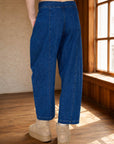 HIGH WAIST FRONT TIE WIDE LEG CROPPED PANTS: INDIGO