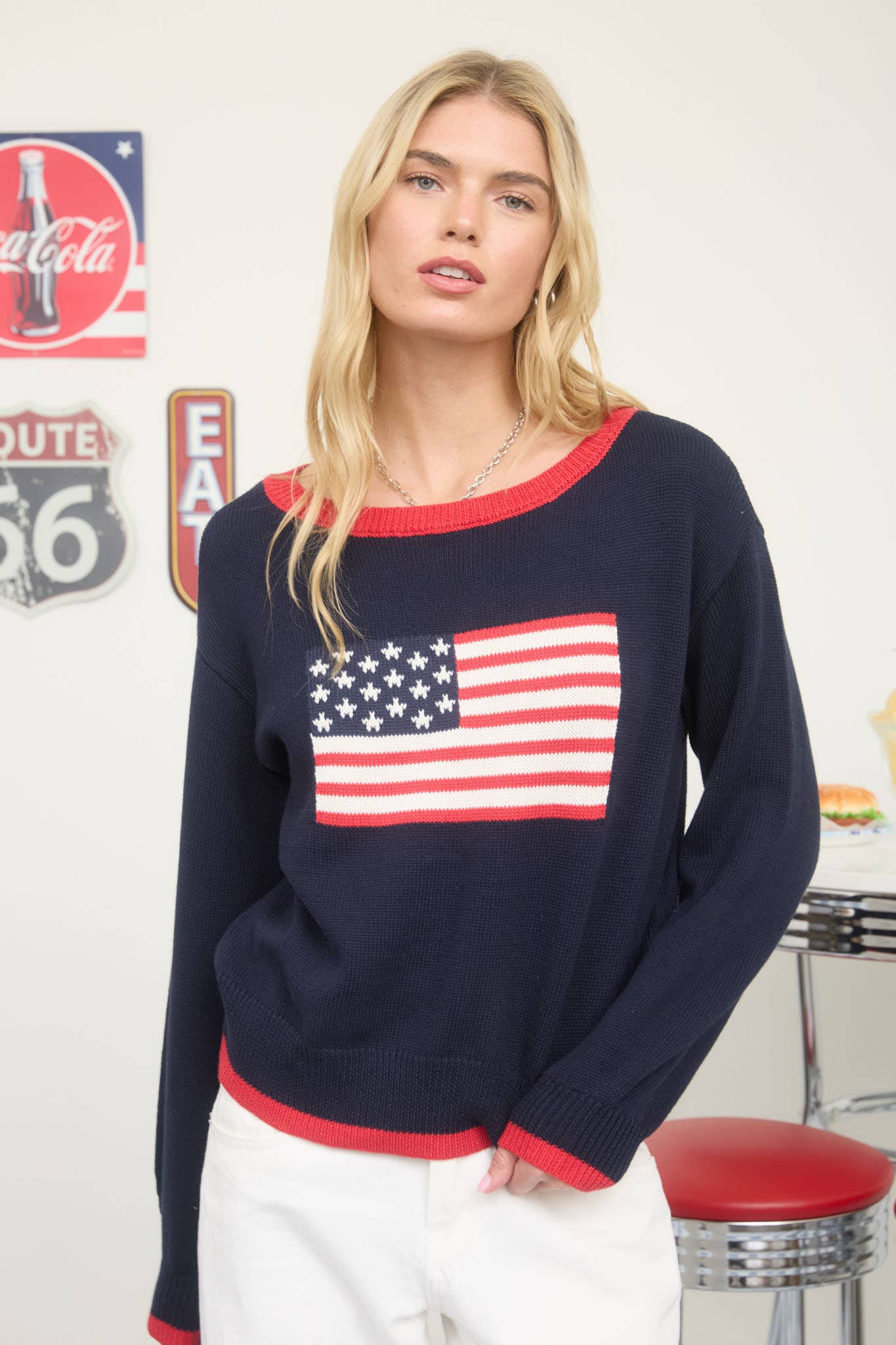 CONTRAST TRIM AMERICAN FLAG KNIT PULLOVER SWEATER : NAVY