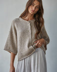 Knit Sweater Quarter Sleeve Button Up Cardigan Top/Light Mocha