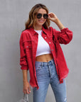 Hot Pink Distressed Denim Jacket Oversized Button Down: Light Gray / 65% Cotton+35% Polyester / L