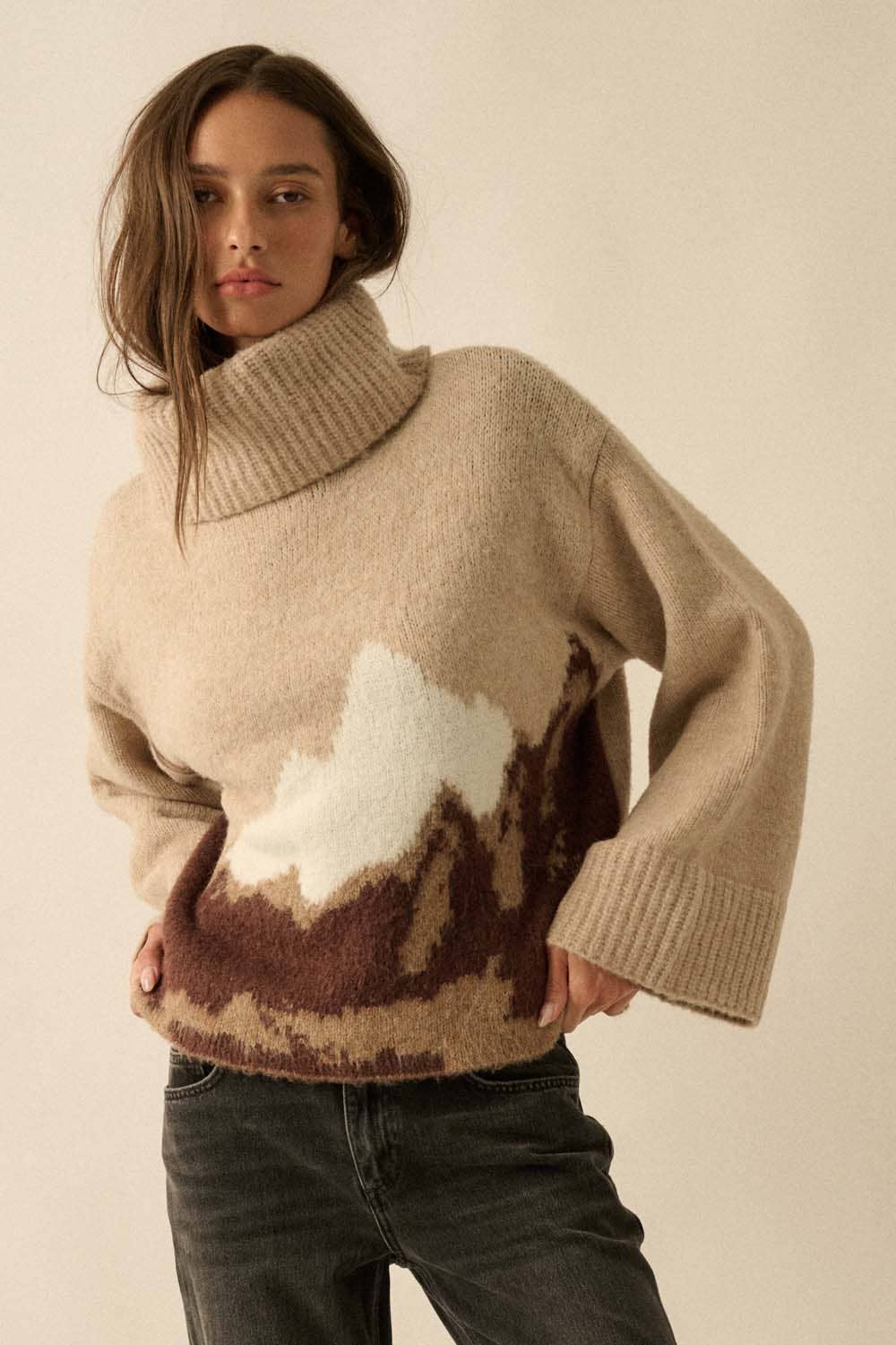 Mountains Fuzzy Jacquard-Knit Turtleneck Sweater: Heather Grey-Black