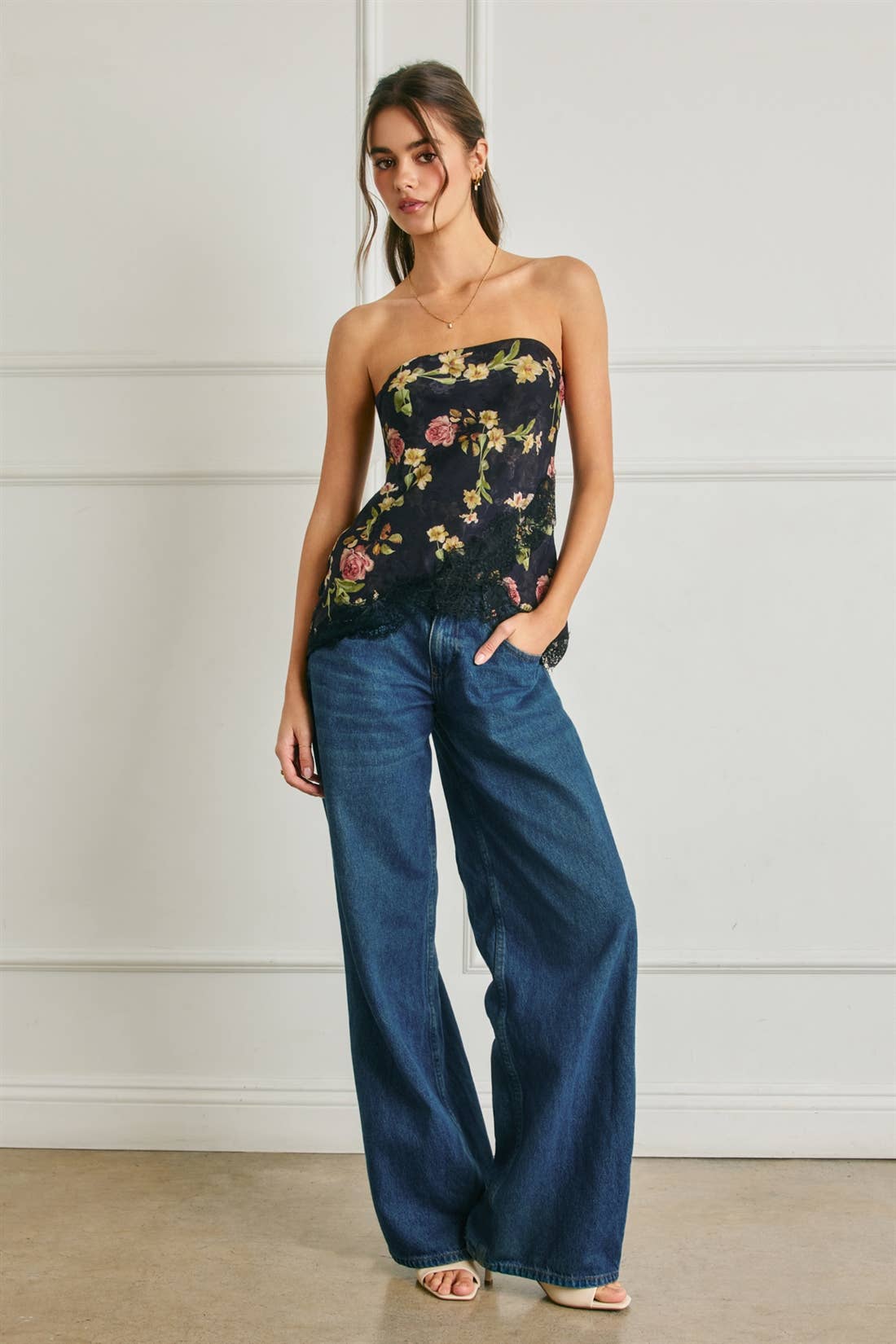 Floral Asymmetrical Lace Hem Tube Top: BLACK