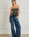 Floral Asymmetrical Lace Hem Tube Top: BLACK
