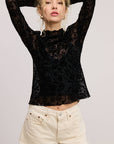 L/S FLORAL VELVET LACE TOP: BLACK
