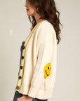 Sweater Cardigan with Happy Face Elbow Patches: IVORY YELLOW