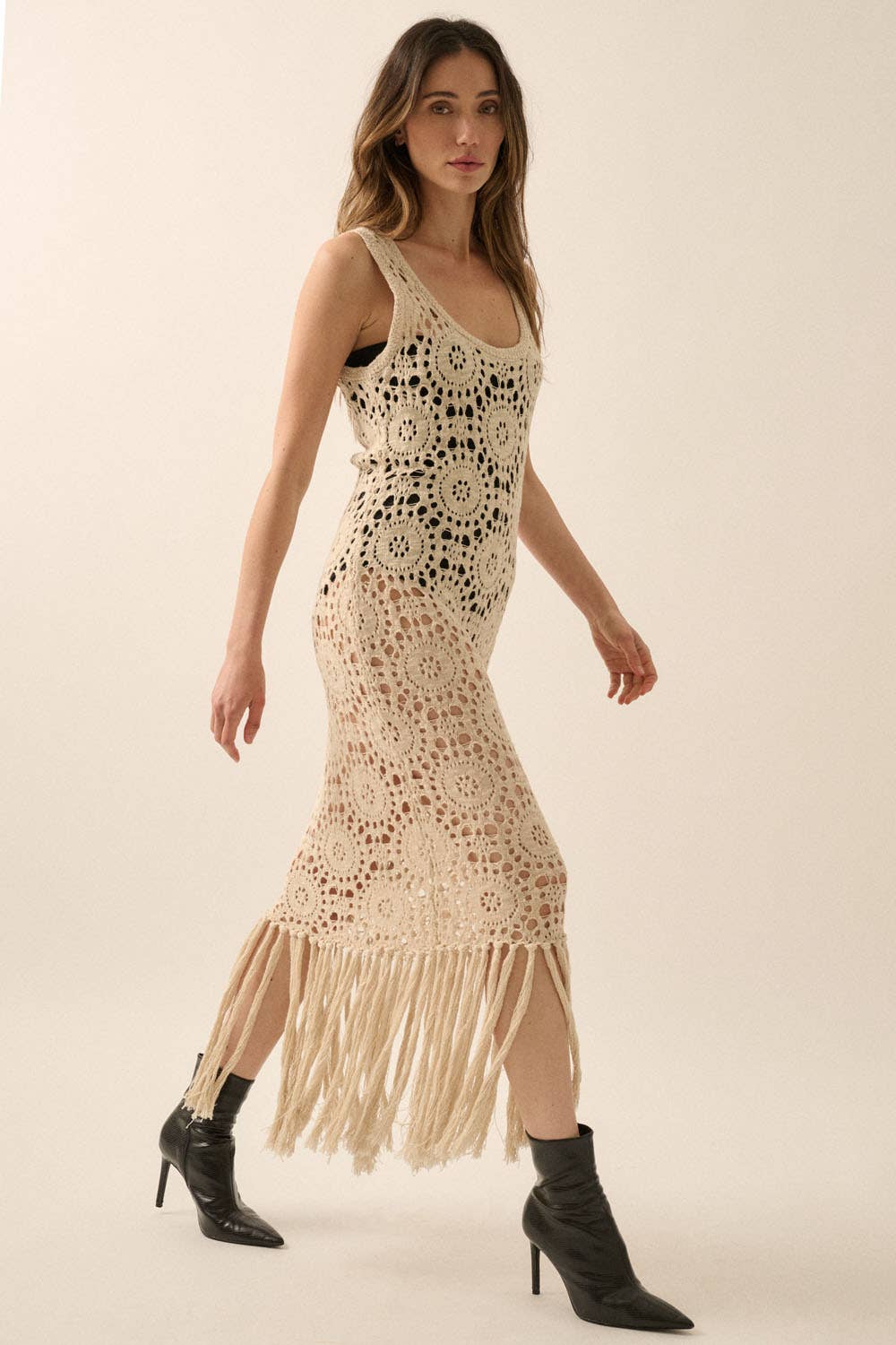 Crochet Knit Fringe-Hem Midi Tank Dress: NATURAL