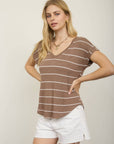 STRIPE V NECK CUFFED SHORT SLEEVE KNIT TOP: CREAM