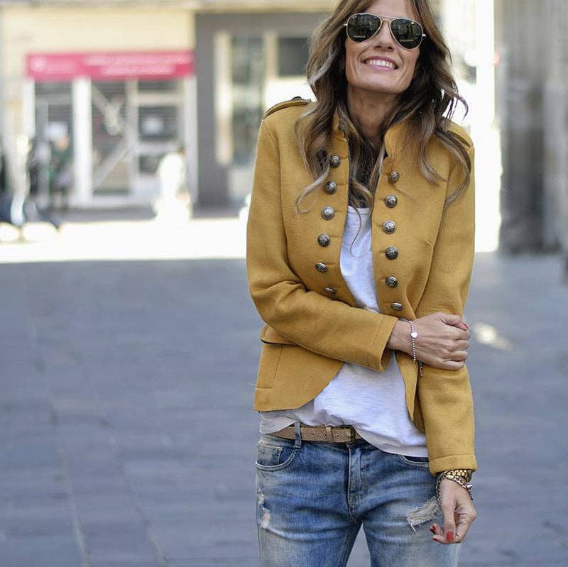 Military Button Front Jacket with Stand Collar: Gray / 95%cotton+5%Spandex / M