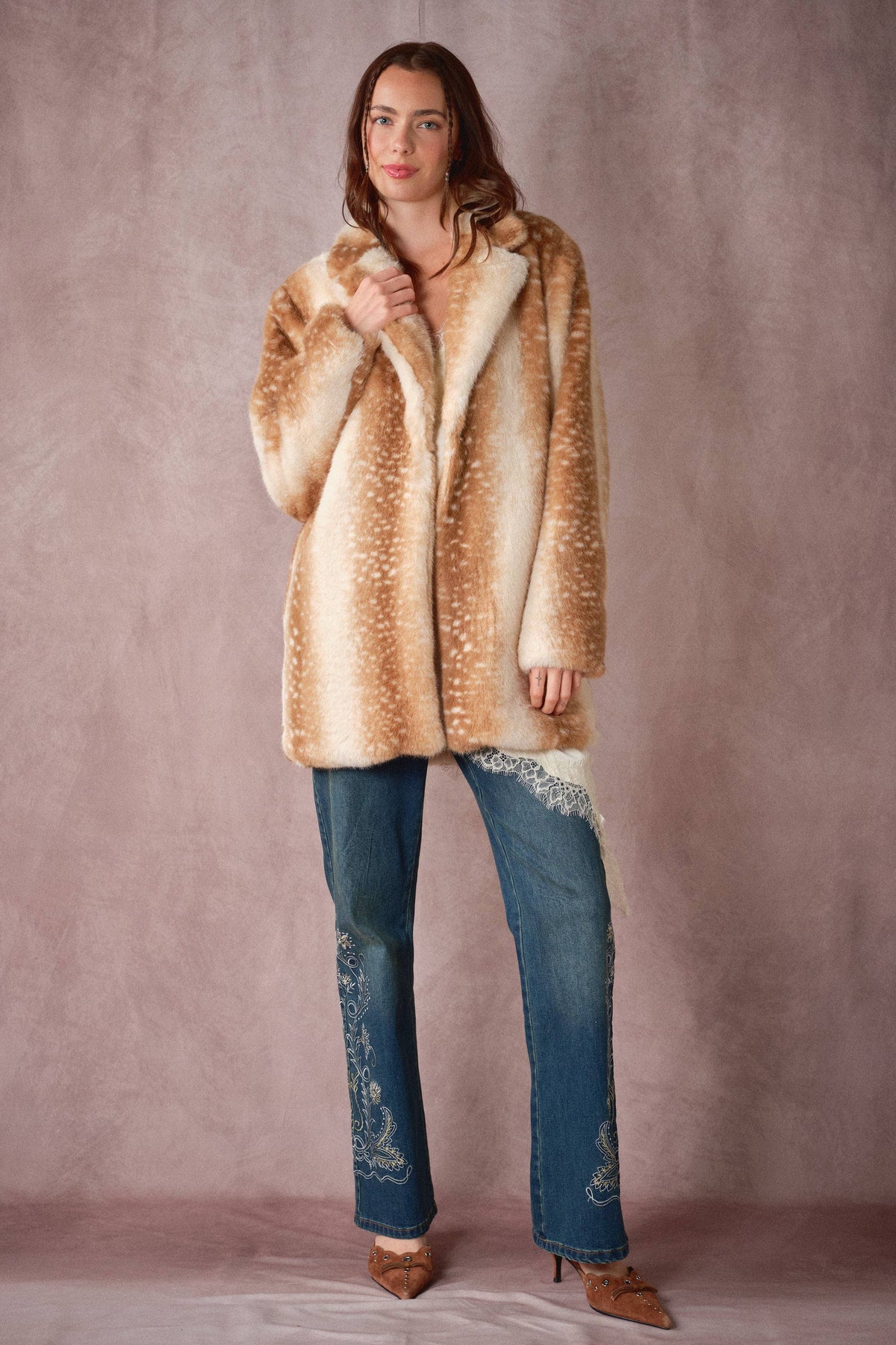25046J Deer Print Faux Fur Coat: TAUPE / S-M-L (2-2-2)