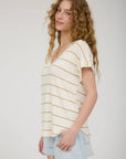 STRIPE V NECK CUFFED SHORT SLEEVE KNIT TOP: CREAM