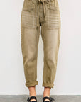 FRONT TIE DENIM PANTS: DRIED MOSS