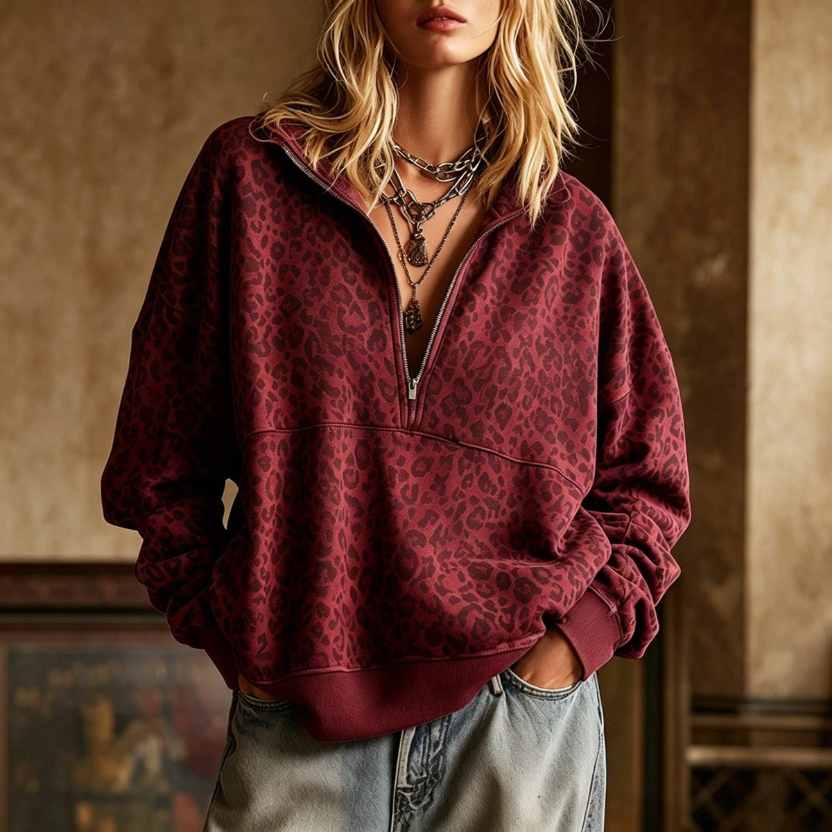 Leopard Print Half Zip Oversized Pullover Sweatshirt: Coffee / 95%Polyester+5%Elastane / XL