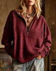 Leopard Print Half Zip Oversized Pullover Sweatshirt: Coffee / 95%Polyester+5%Elastane / S