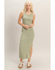Acid Washed Ribbed Midi Tank Dress: SAGE GREEN / S-M-L(2-2-2)