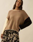 Textured Colorblock Knit Rolled-Edge Sweater: Taupe-Black