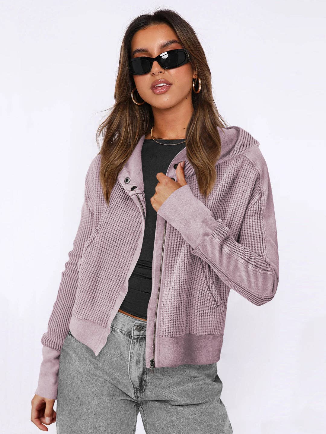 Hooded Zipper Sweater, Spliced Lazy Style Knitted Jacket: Brown / XL