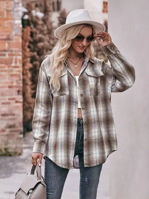 Women’s Caramel Plaid Oversized Flannel Button Down Shirt: Khaki / 100%Polyester / M