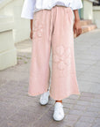 Floral Patch Mineral Wash Terry Knit Cropped Wide Leg Pants: Pink