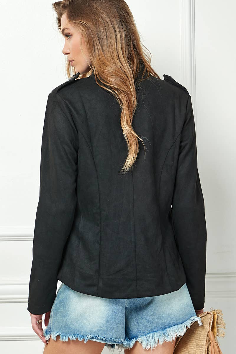 Fashion Pure Color Long Sleeve Jacket: Black
