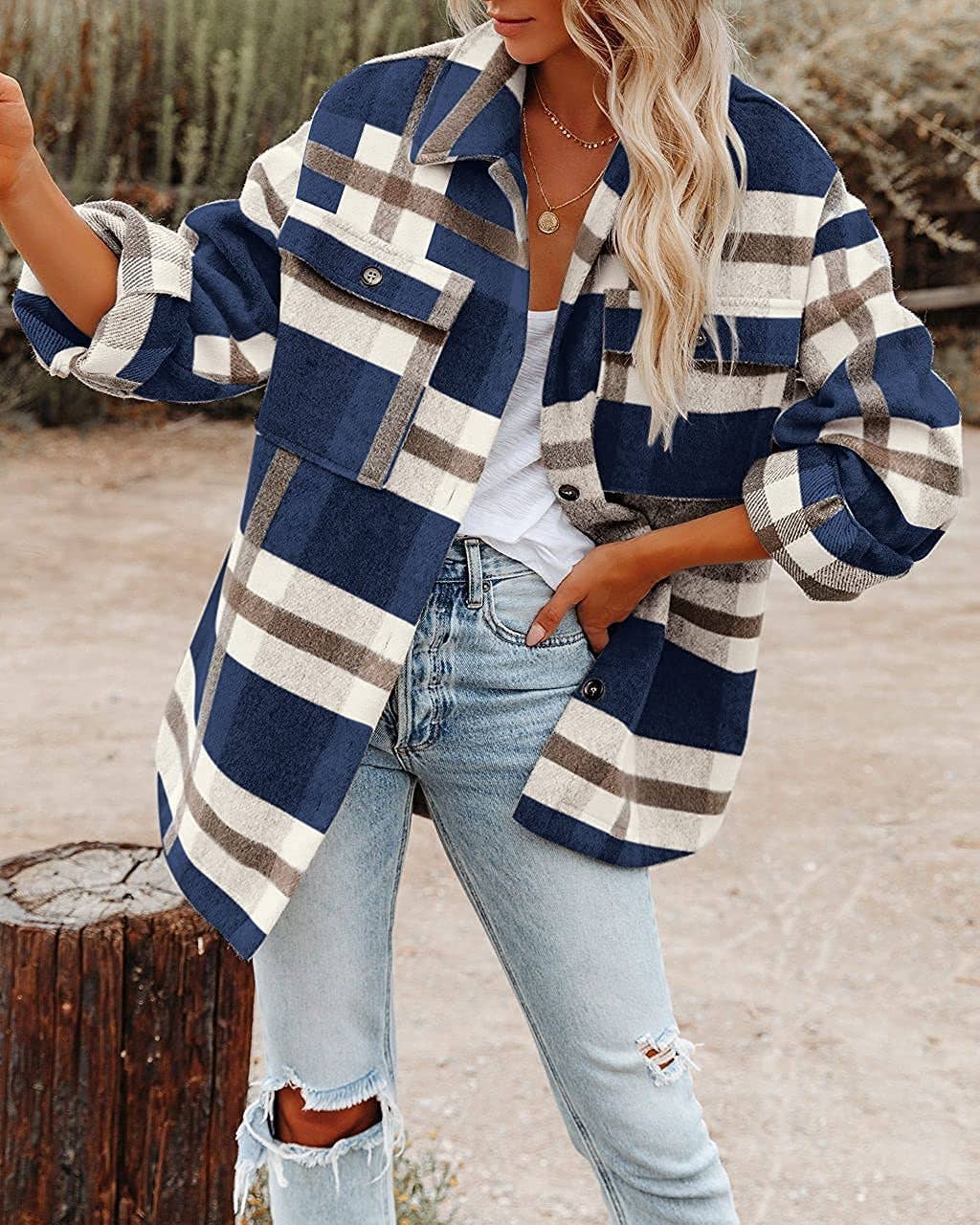 Women's Plaid Button Down Flannel Shirt Jacket – Cozy &amp; Stylish: Black and white grid / 100%Polyester / XL