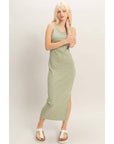 Acid Washed Ribbed Midi Tank Dress: SAGE GREEN / S-M-L(2-2-2)
