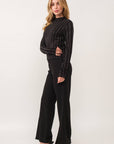 IT2766- Pinstripe Rhinestone Mock Neck Long Sleeve Top: Black/Silver