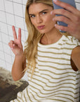 STRIPE ROUND NECK SHORT SLEEVE KNIT TOP: OLIVE