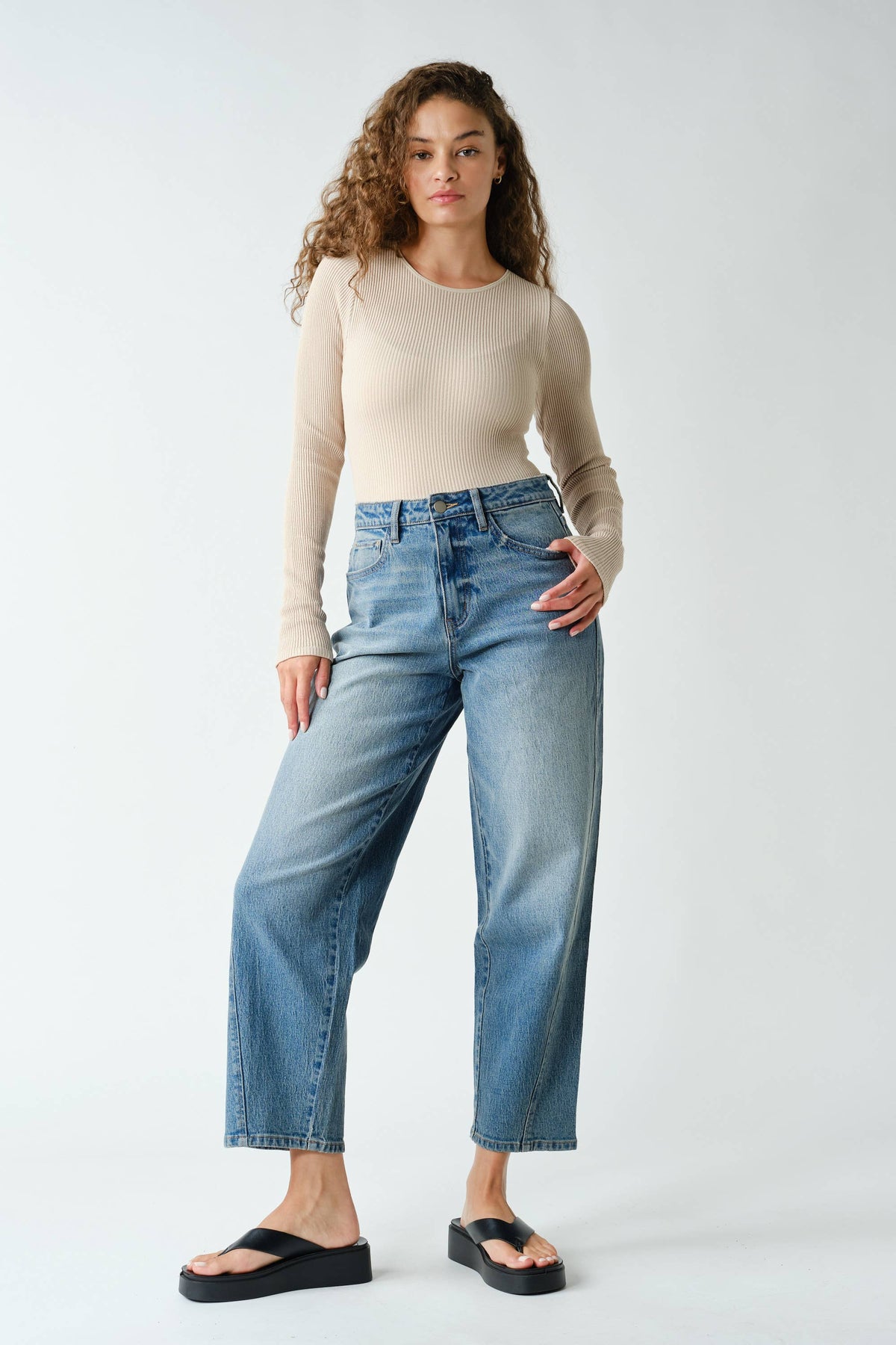 Seamless Ribbed Long Slv Top: OAT MILK